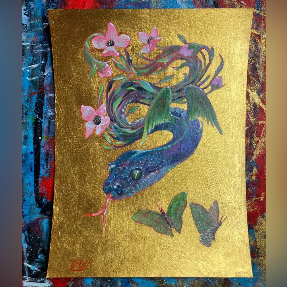 Original Snake dragon painting blue surrealism art  handmade nature decor EAEH